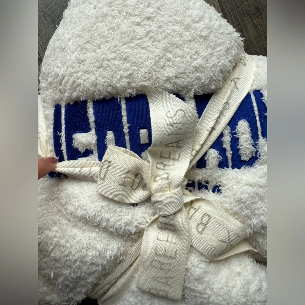 NWT Jeopardy! Barefoot Dreams Cream Throw Blanket Blue Lettering